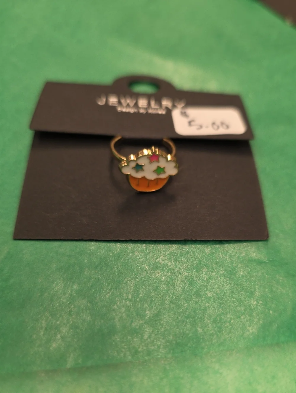 Gold Tone Cupcake Enamel Ring with White Frosting and Multicolor Stars